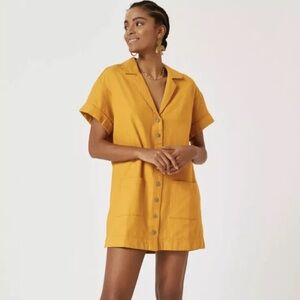 Anthropologie Pilcro Button Down Shirt Dress Gold Pocket Short Sleeve Sz Small
